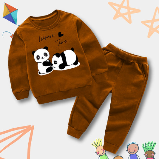 Brown-Lazy Panda Fleece Tracksuit For Kidz