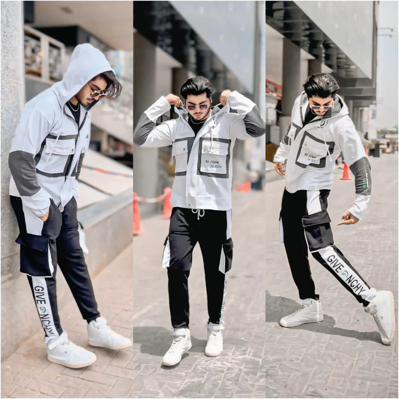 Stylish Cargo Front Double Pocket Winter Tracksuit (WHITE) (Hoodie+Trouser)