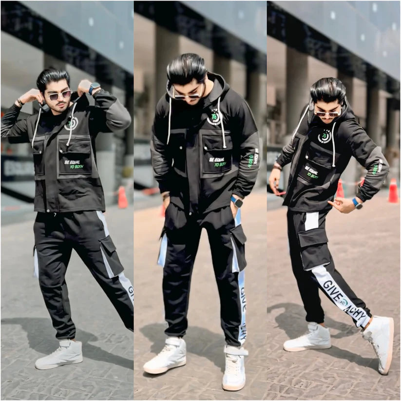 Stylish Cargo Front Double Pocket Winter Tracksuit (BLACK) (Hoodie+Trouser)