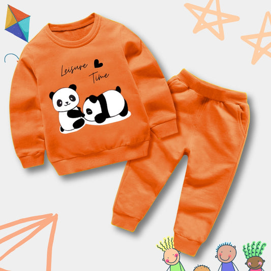 Orange-Lazy Panda Fleece Tracksuit For Kidz